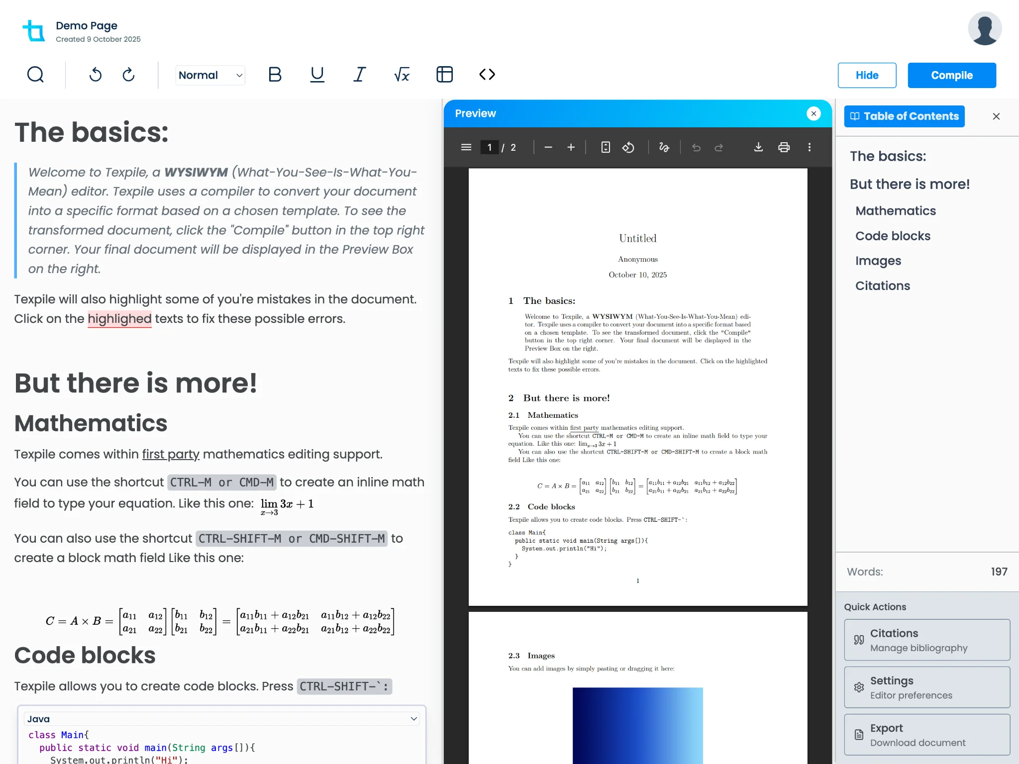 Texpile Editor Interface - WYSIWYM document editor showing markdown input and PDF output