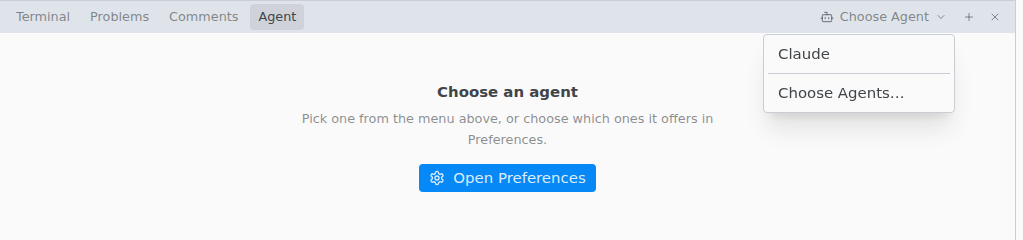 The Agent tab before an agent is chosen, with the agent menu open