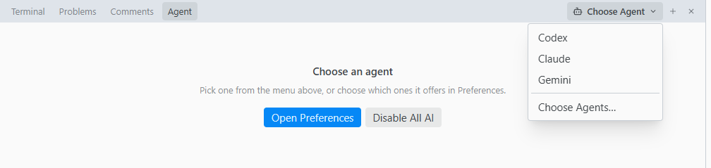 The Agent tab before an agent is chosen, with Open Preferences, Disable All AI and the agent menu open