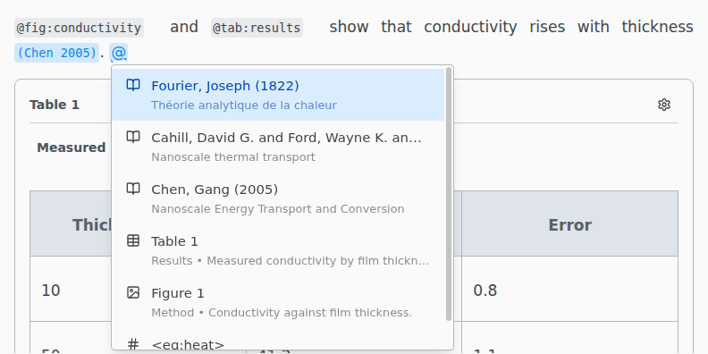 Typing @ lists the bibliography entries and the labeled table, figure and equation