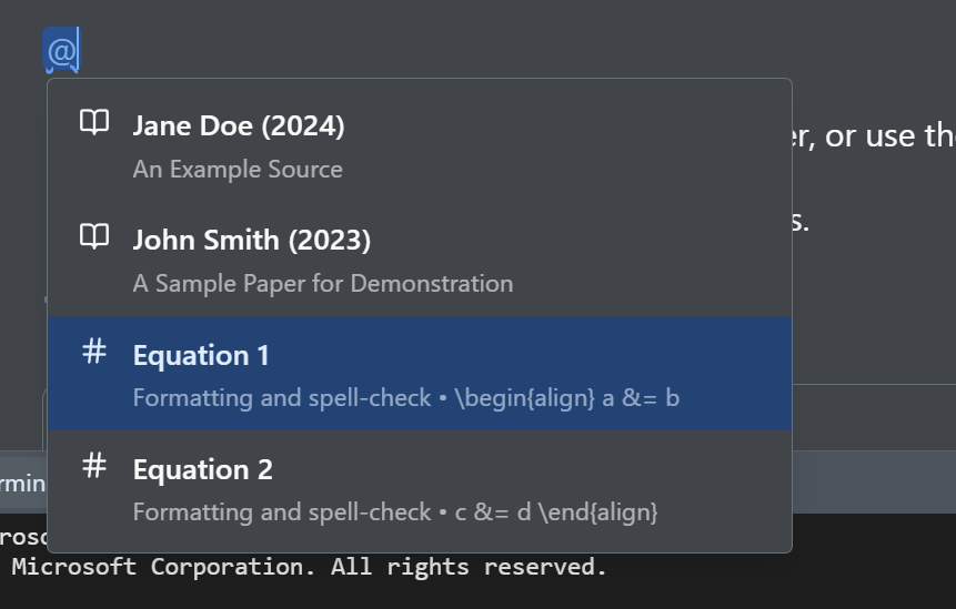 Typing @ to search: bibliography entries above, numbered equations below, in one list