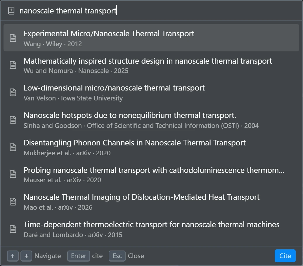 The cite dialog listing papers that match a search