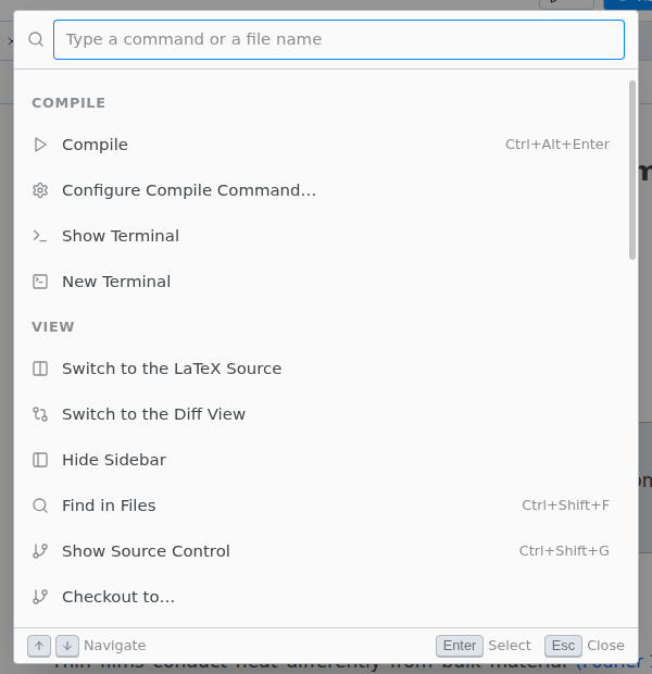 The command palette open on the Compile and View commands