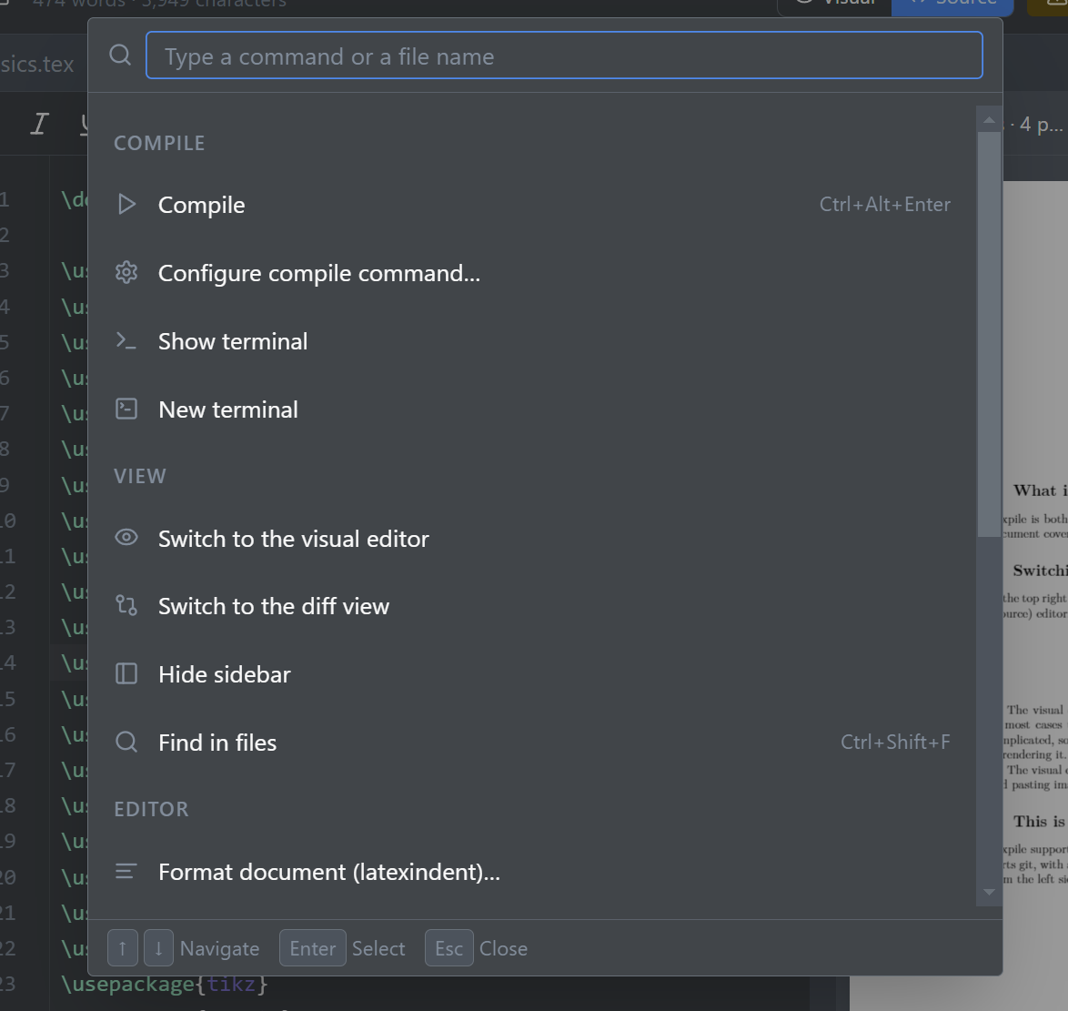 The command palette open on Ctrl+K, listing compile, view, and editor actions