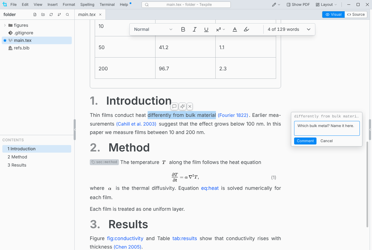 The comment box beside selected text, with a note typed in