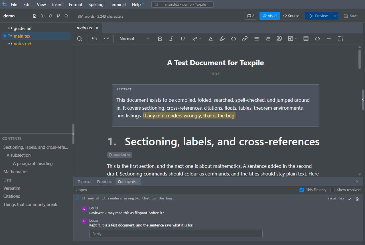 Writing a comment on a selected sentence, with the comment panel open below the editor