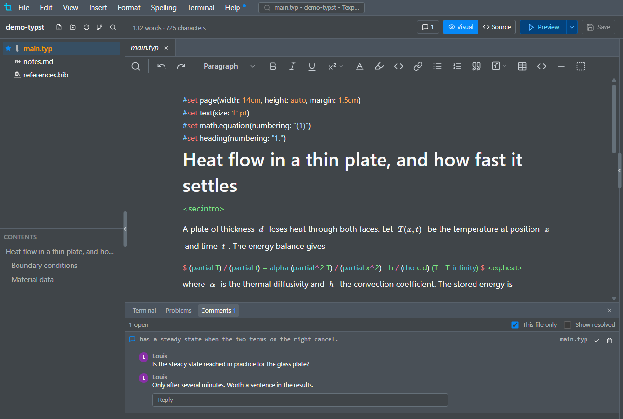 Writing a comment on a selected sentence, with the comment panel open below the editor