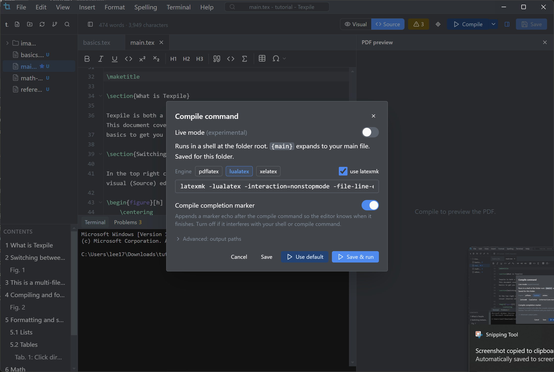 The compile command dialog: engine picker, the shell command, and the Live mode toggle