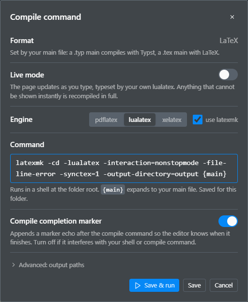 The compile command dialog: engine picker, the shell command, and the Live mode toggle