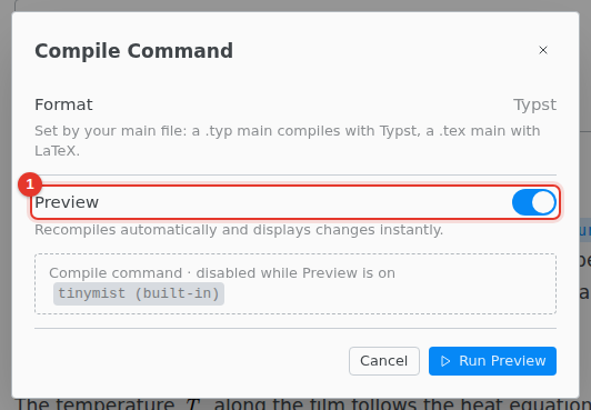 The Compile Command dialog for Typst, with the Preview switch