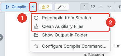 The Compile menu: Recompile from Scratch, Clean Auxiliary Files, Show Output in Folder and Configure Compile Command