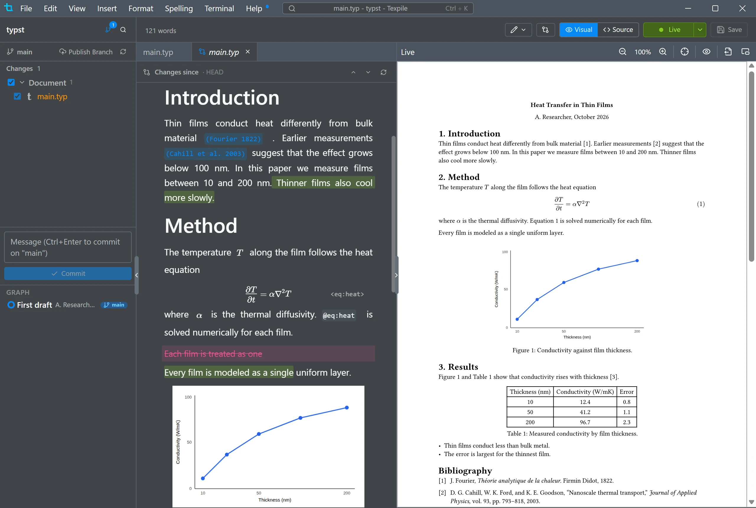 The visual editor showing a heading and a sentence changed since the last version