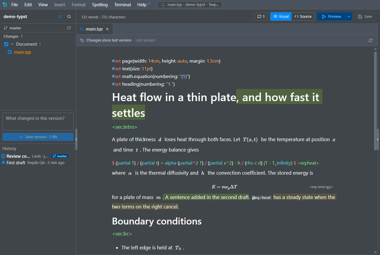 The visual editor showing a heading and a sentence changed since the last version