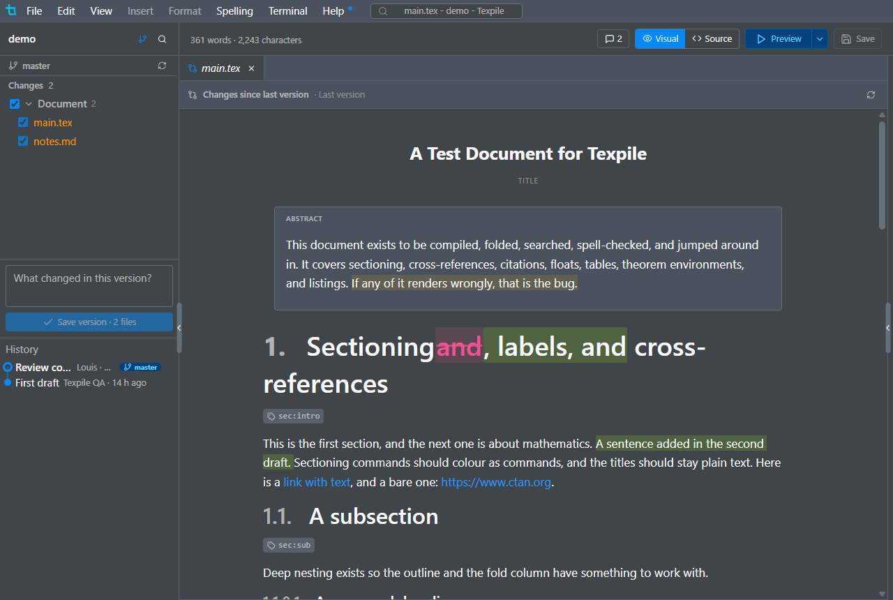 The visual editor showing a heading and a sentence changed since the last version