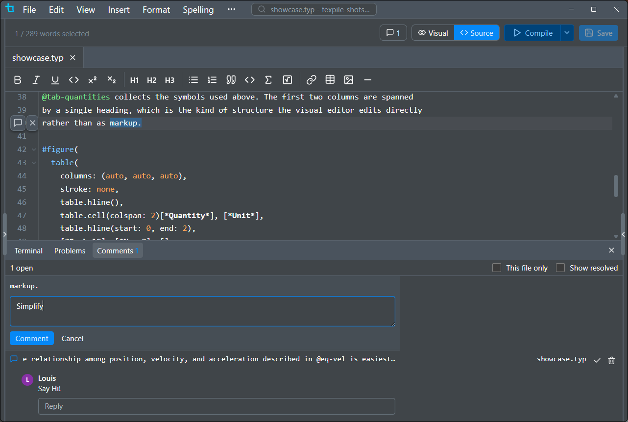 Writing a comment on a selected sentence, with the comment panel open below the editor