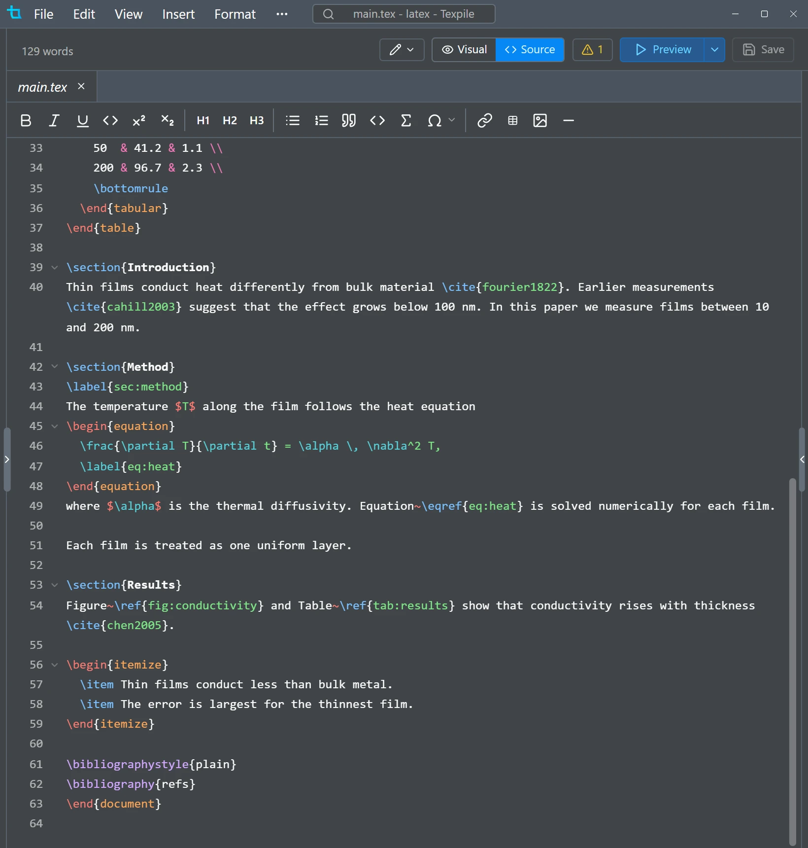 Source editor completing \cite with bibliography keys and titles