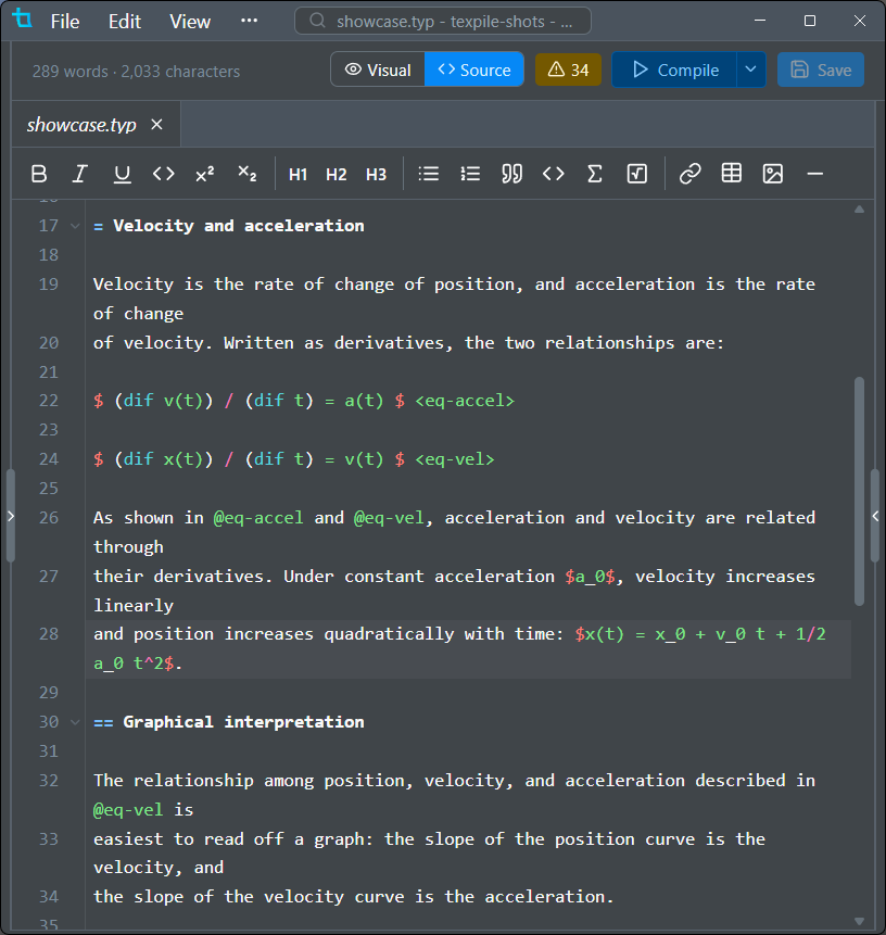 The Typst source editor, with completion from tinymist