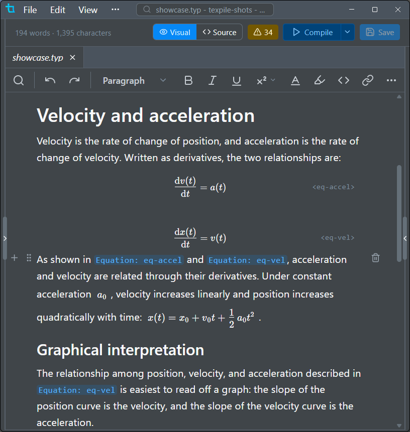 A Typst document in the visual editor: headings with their labels, formatted text, and lists