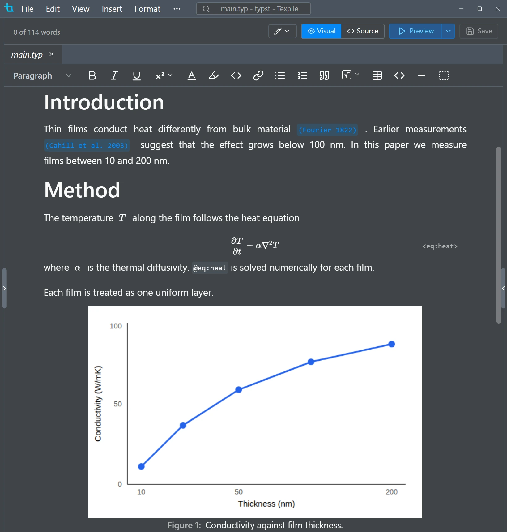 A Typst document in the visual editor: headings with their labels, formatted text, and lists