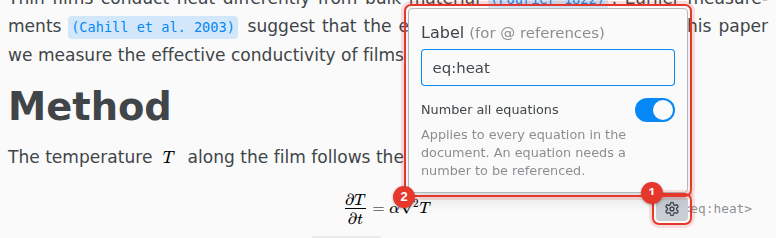 The settings of a display equation: Label and Number all equations