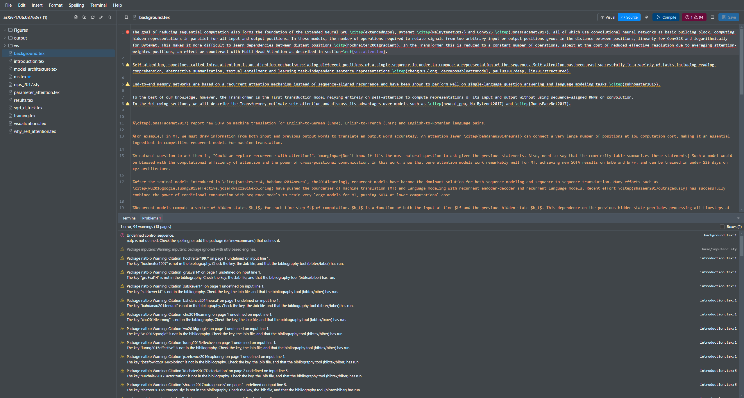 Compile errors as a Problems list, with file and line