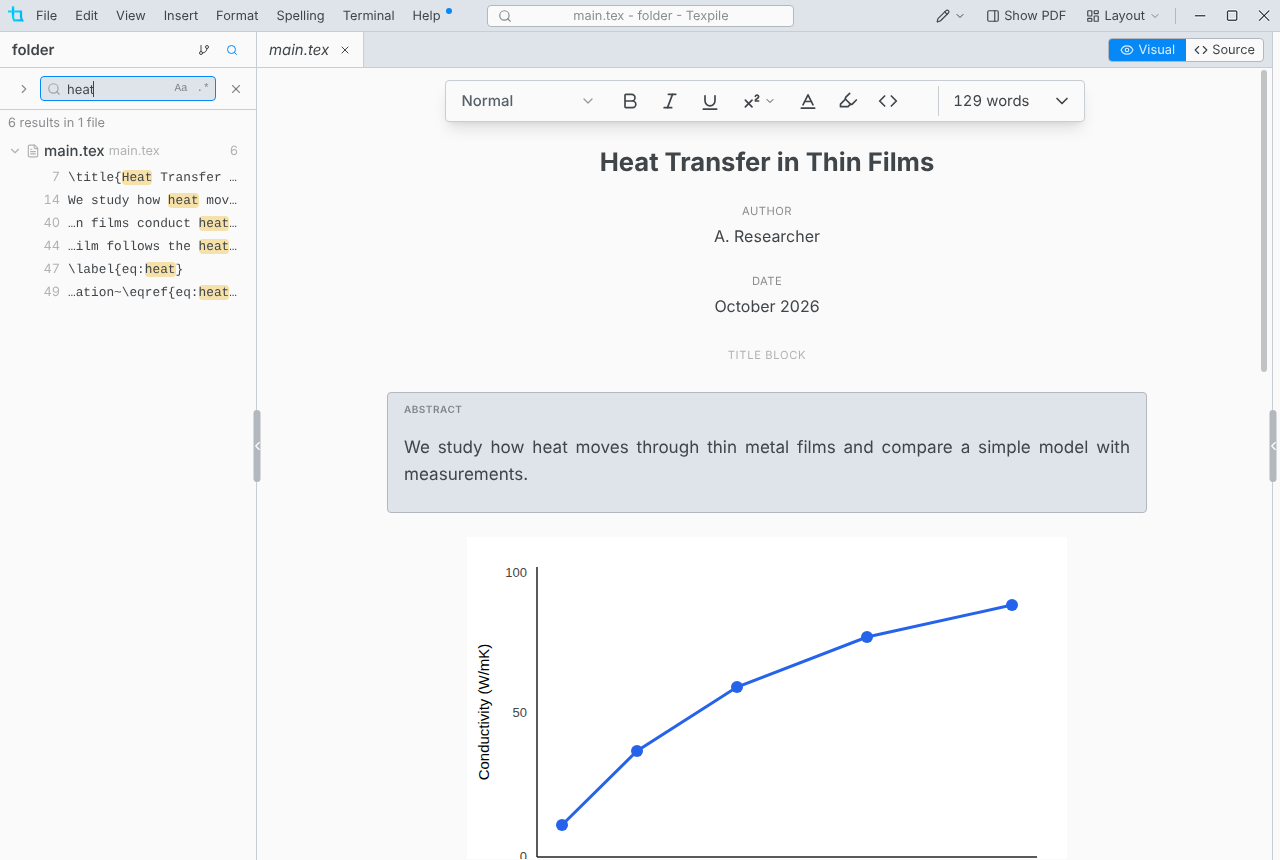 Find in Files showing six results for heat in one file, with the match highlighted in each line