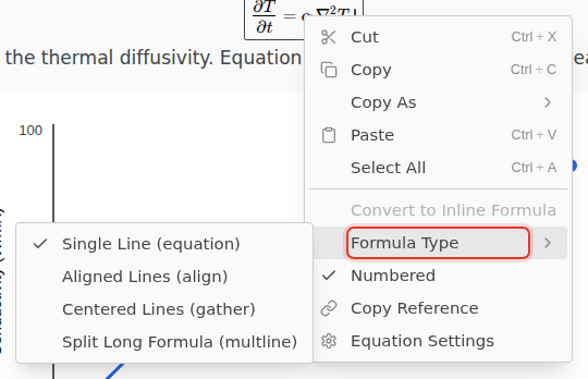 The equation's right-click menu with the Formula Type submenu