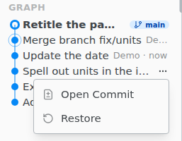 The menu on a commit in the Graph with Open Commit and Restore