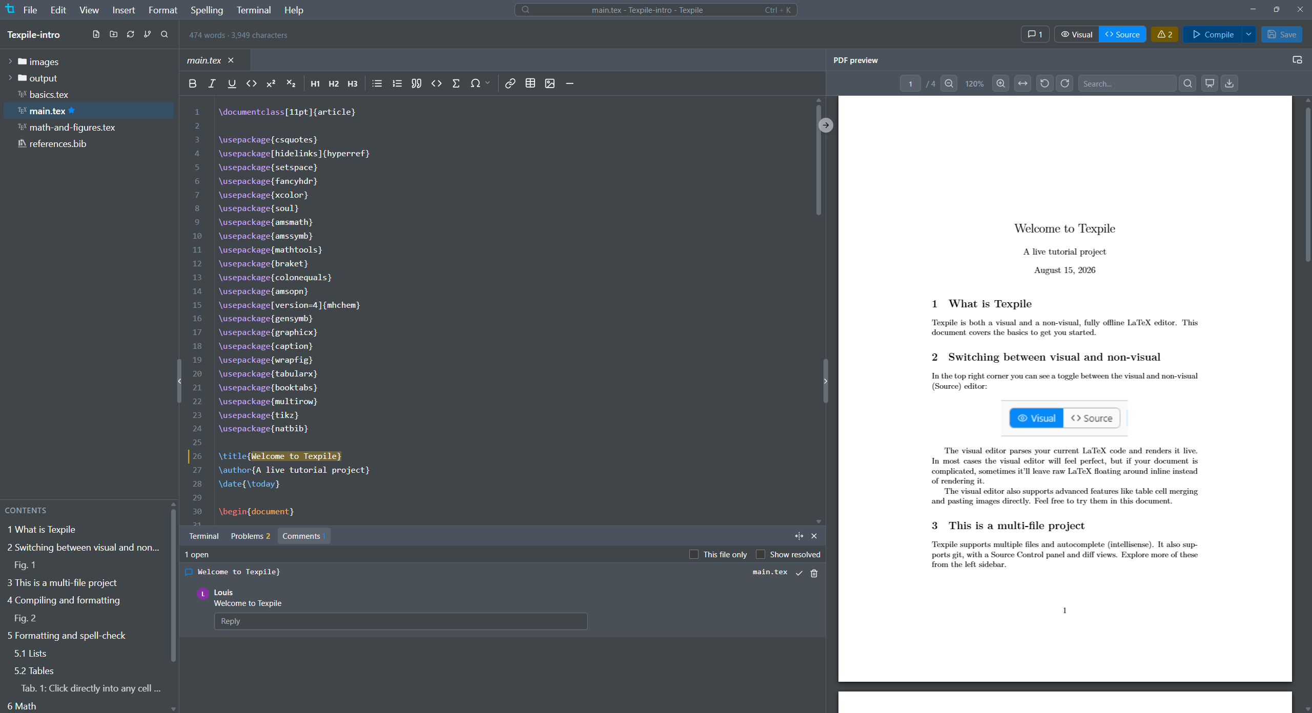 Texpile editing a LaTeX project, with the PDF preview and comments open