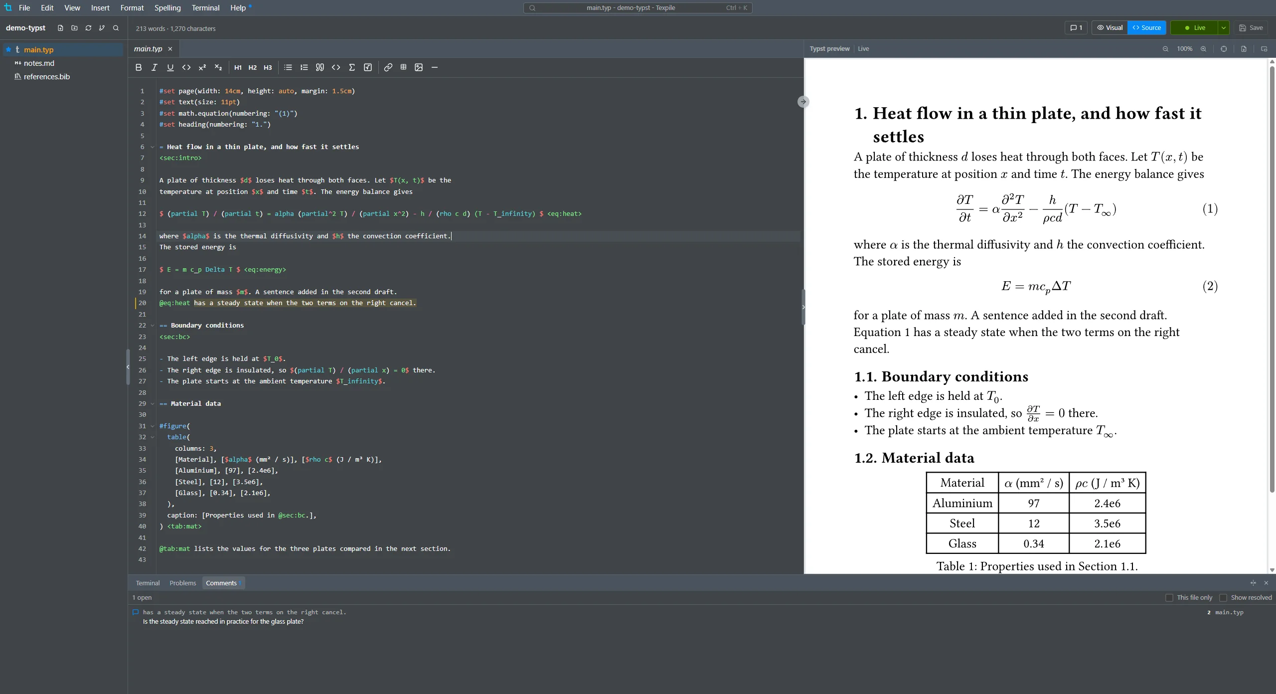 Texpile editing a Typst document, with the live preview and comments open