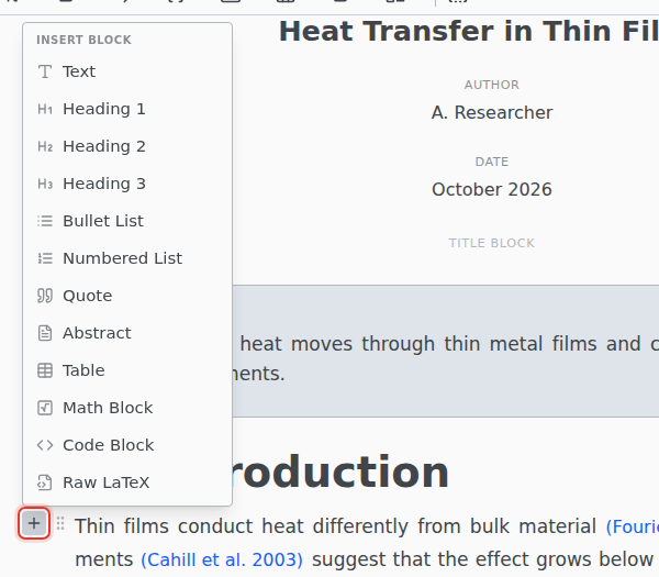 The Insert Block menu opened from the plus in the margin