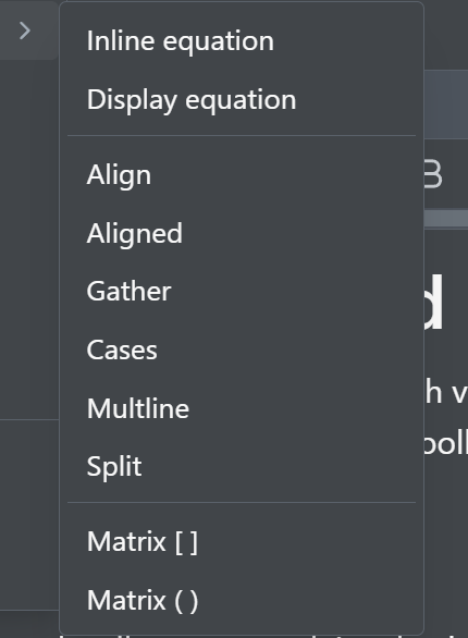 The Insert Math menu, listing equation types and environments