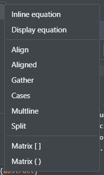 The Insert Math menu, listing equation types and environments