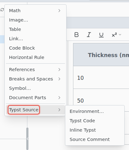 The Insert menu with its Typst Source submenu: Environment, Typst Code, Inline Typst and Source Comment
