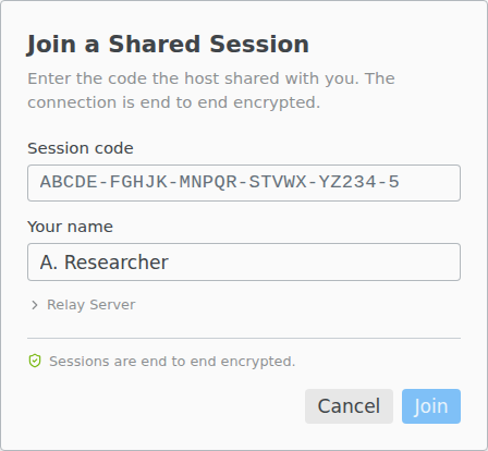 The Join a Shared Session form with Session code and Your name