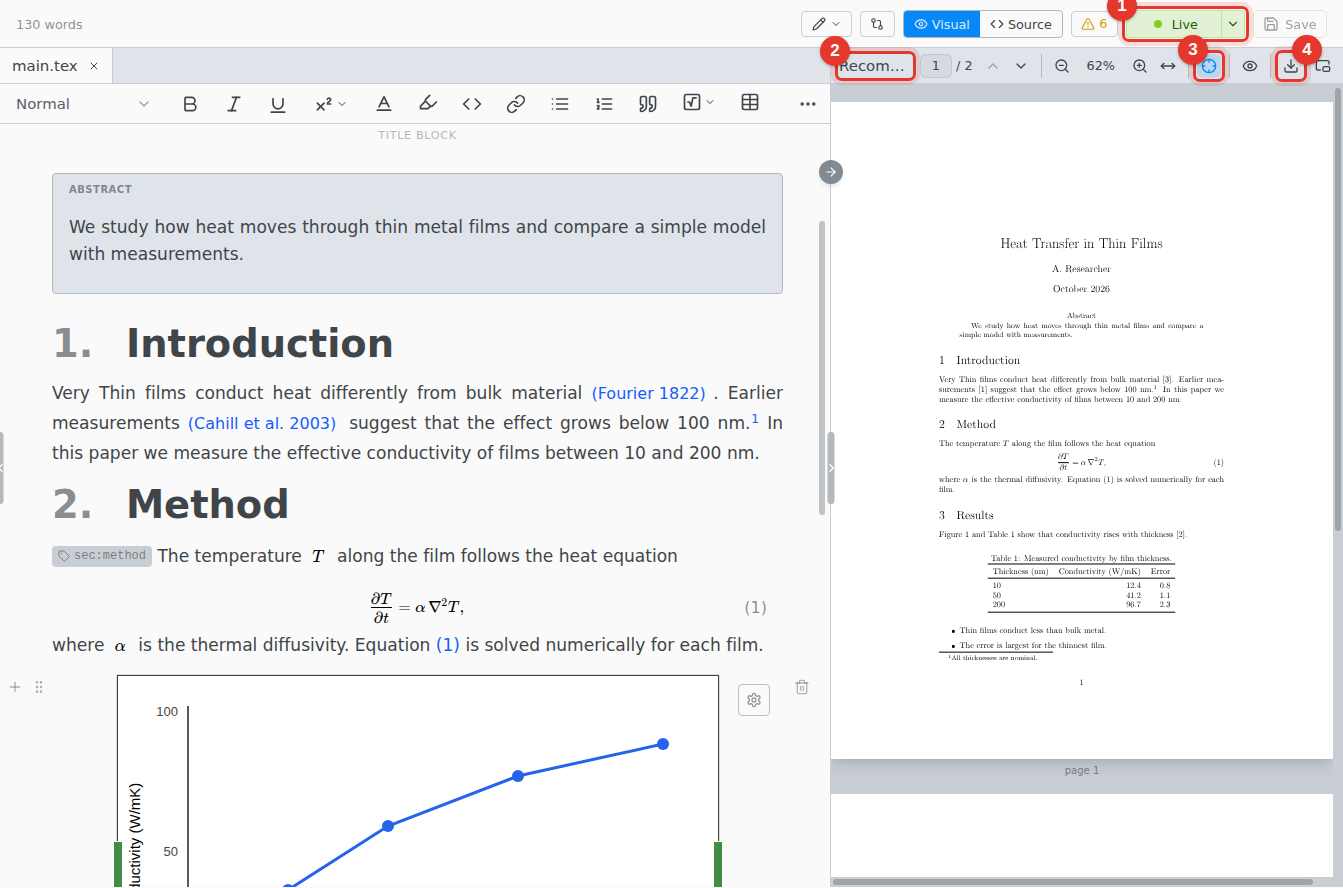 The live preview beside the visual editor, with the edited sentence already in the PDF