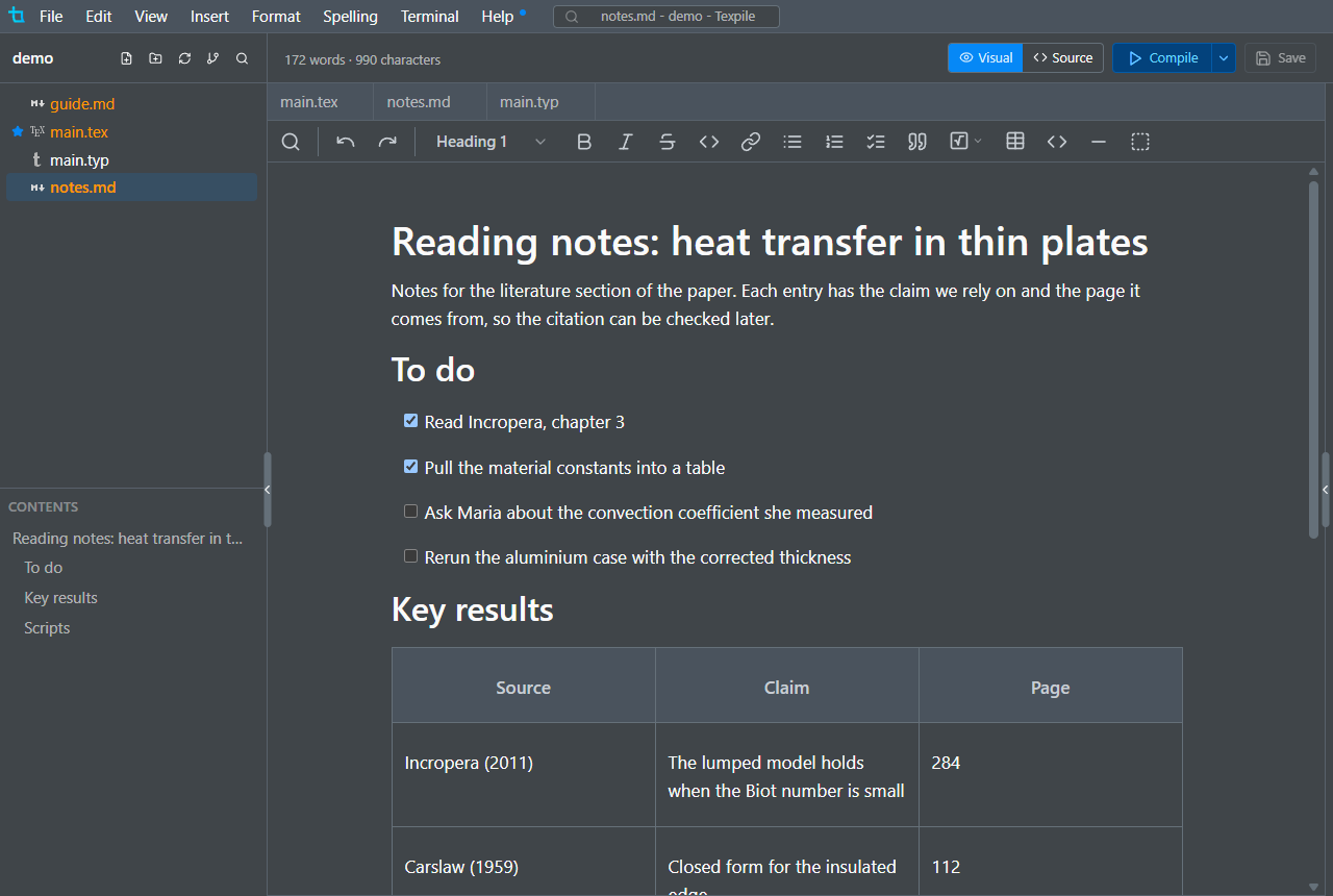 A Markdown file in the visual editor, with the heading levels rendered and the outline in the sidebar