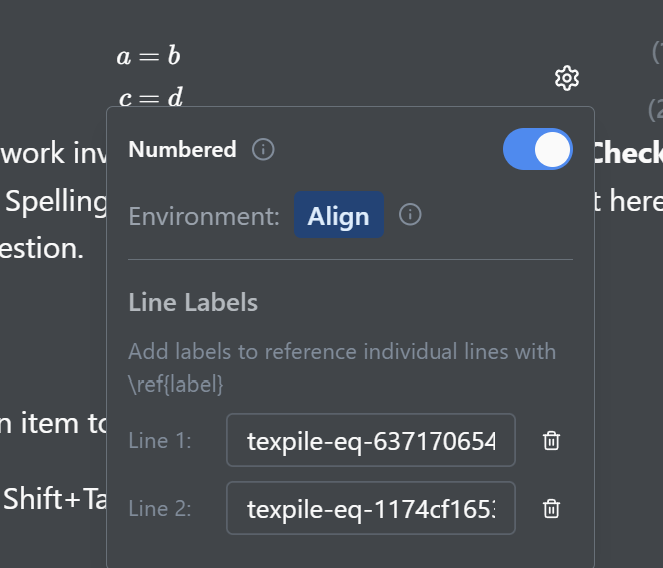An Align equation's settings, showing per-line labels for line 1 and line 2