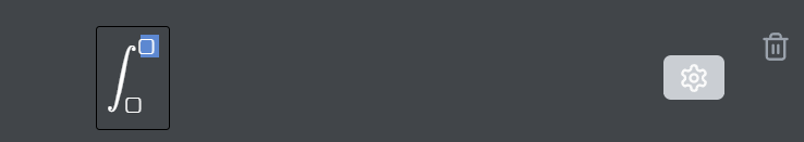 An equation block selected, with its Settings icon and a delete button