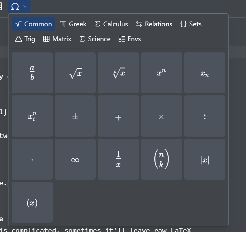 The source editor's math symbol dropdown, open on the Common tab