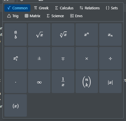 The source editor's math symbol dropdown, open on the Common tab