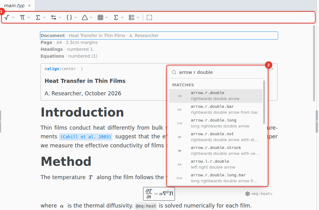 An equation being edited, with the math toolbar and the symbol search open
