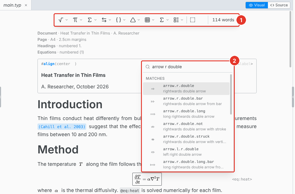 An equation being edited, with the math toolbar and the symbol search open
