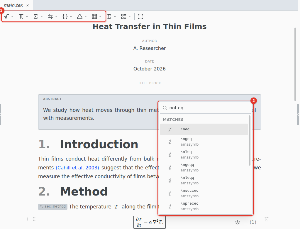 An equation being edited, with the math toolbar and the symbol search open
