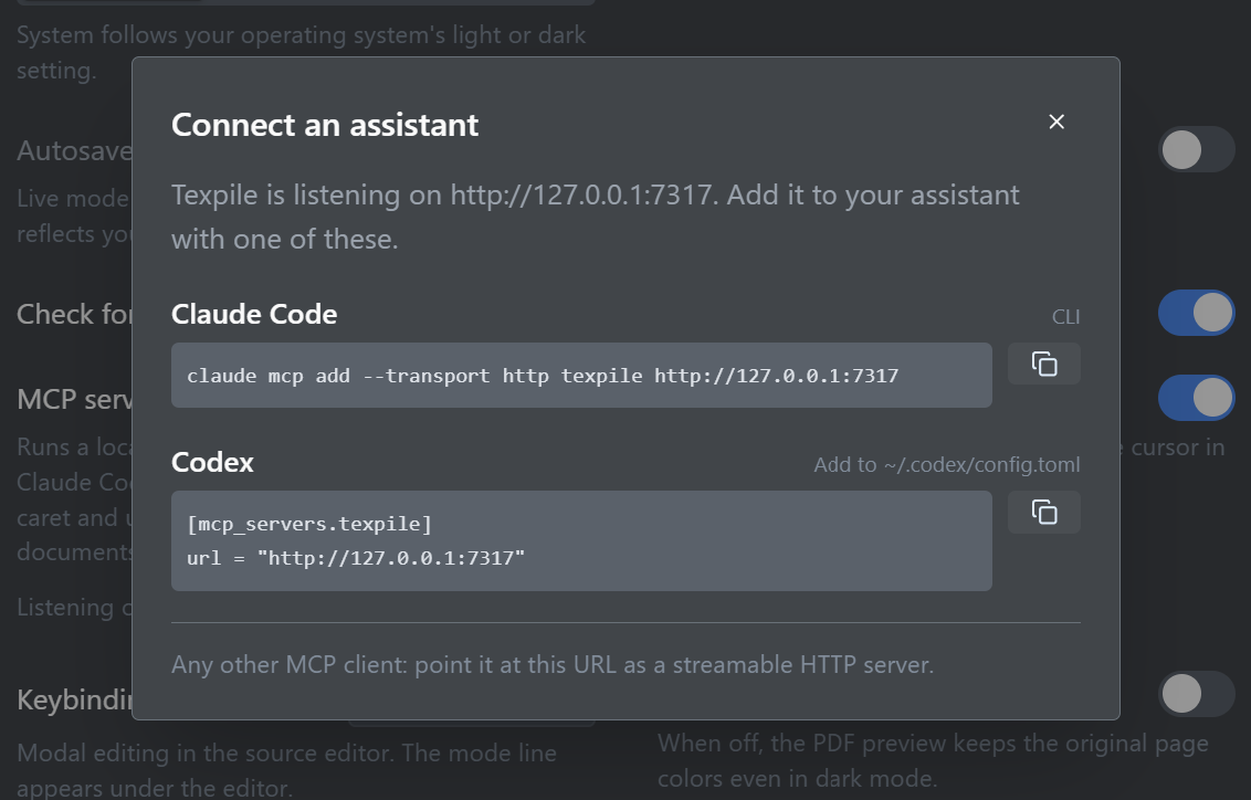 The Connect an assistant dialog, with setup commands for Claude Code and Codex