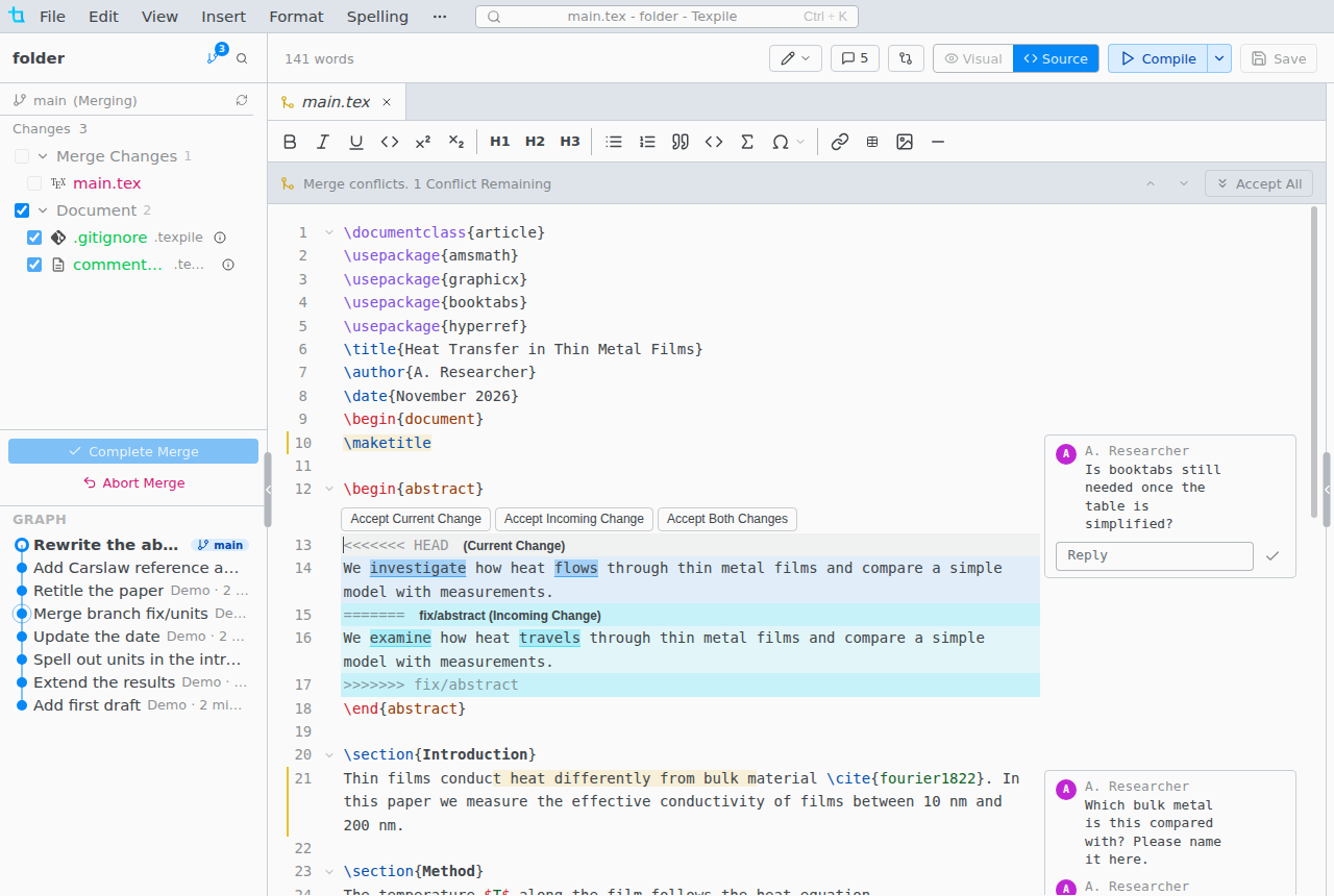 A merge conflict in the source editor with the conflict bar and Accept buttons