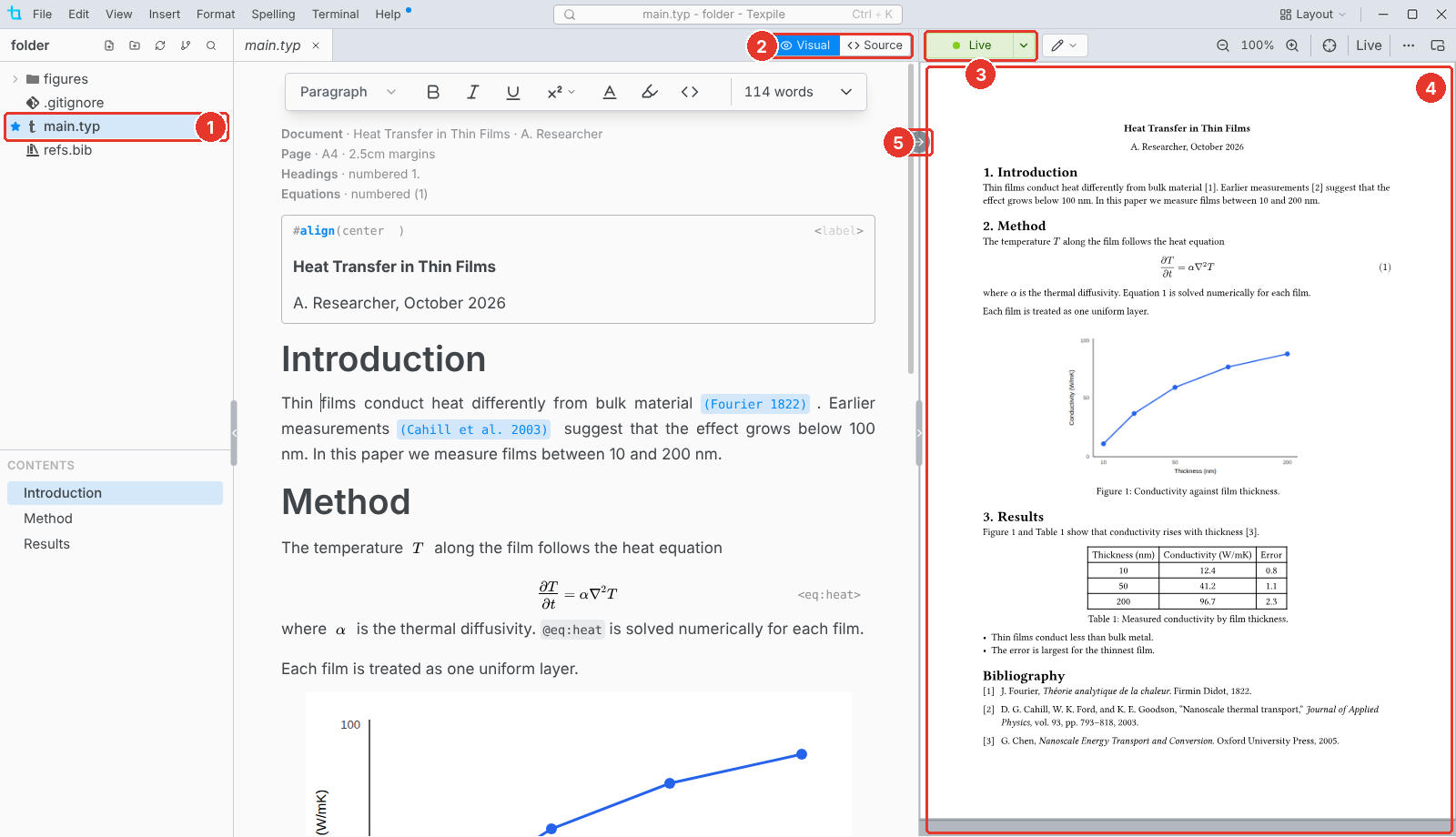 A Typst project in Texpile: the file tree, the visual editor, the Live button, and the preview