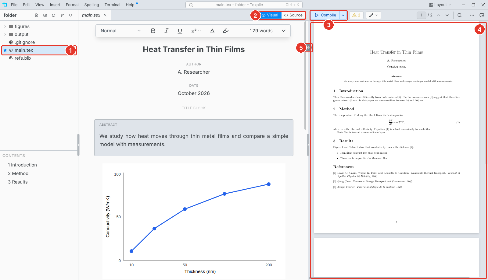 A LaTeX project in Texpile: the file tree, the visual editor, the Compile button, and the compiled PDF