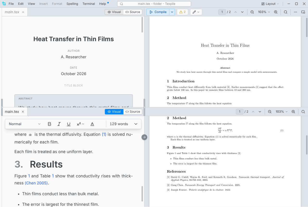 Two editors stacked beside the PDF split in two views