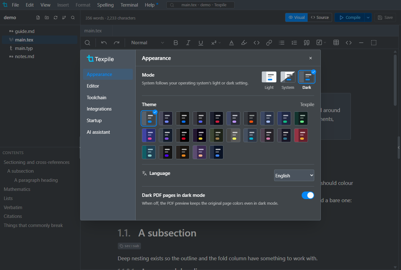 Preferences › Appearance: the Mode tiles and the theme tiles